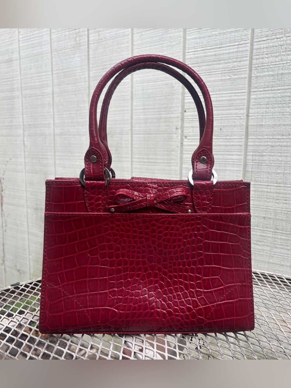 Red Croc-Embossed Mini Tote with Bow Accent